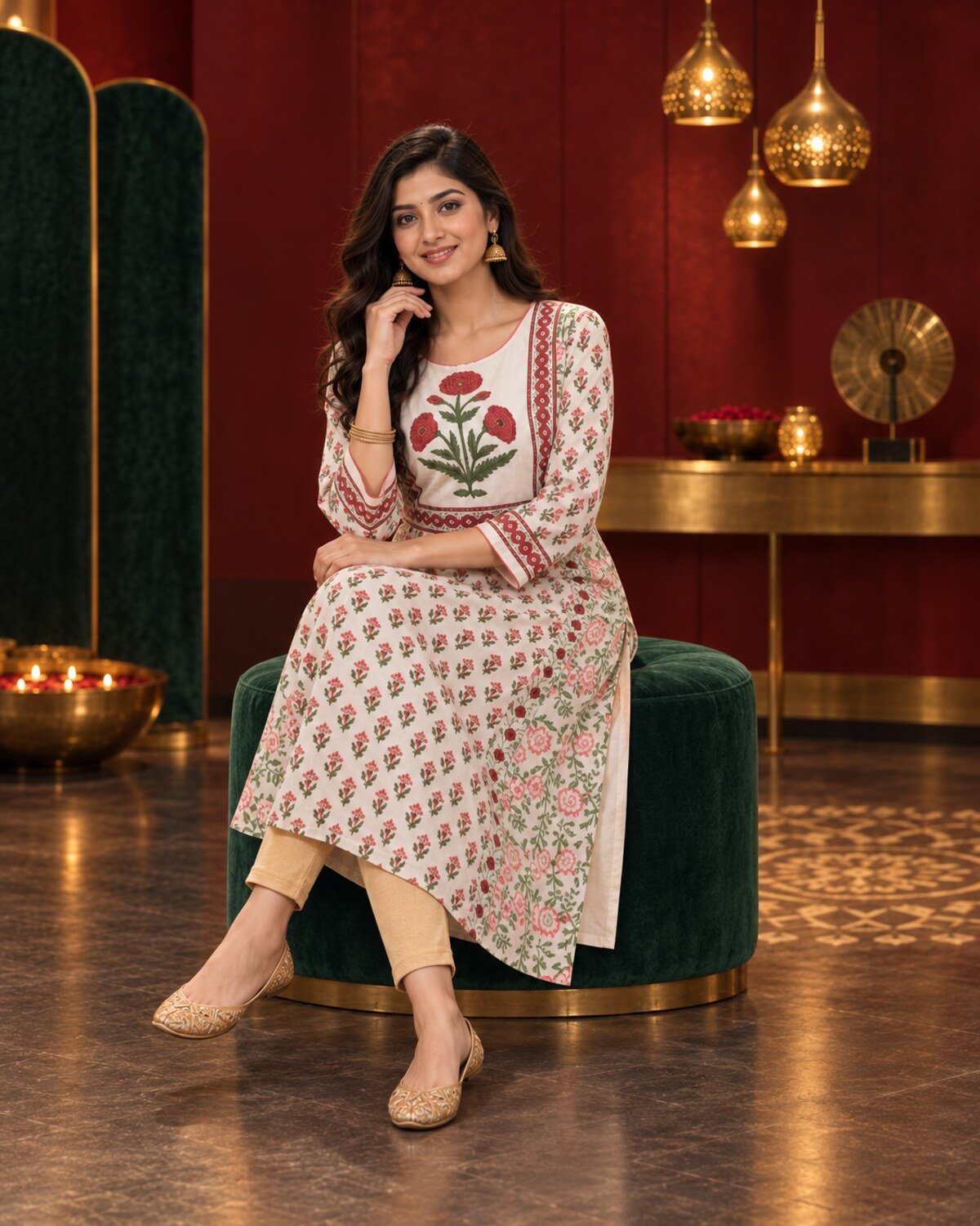 RANGRIWAZ Women Ivory Floral Printed A-Line Kurta with Statement Yoke - Image 3
