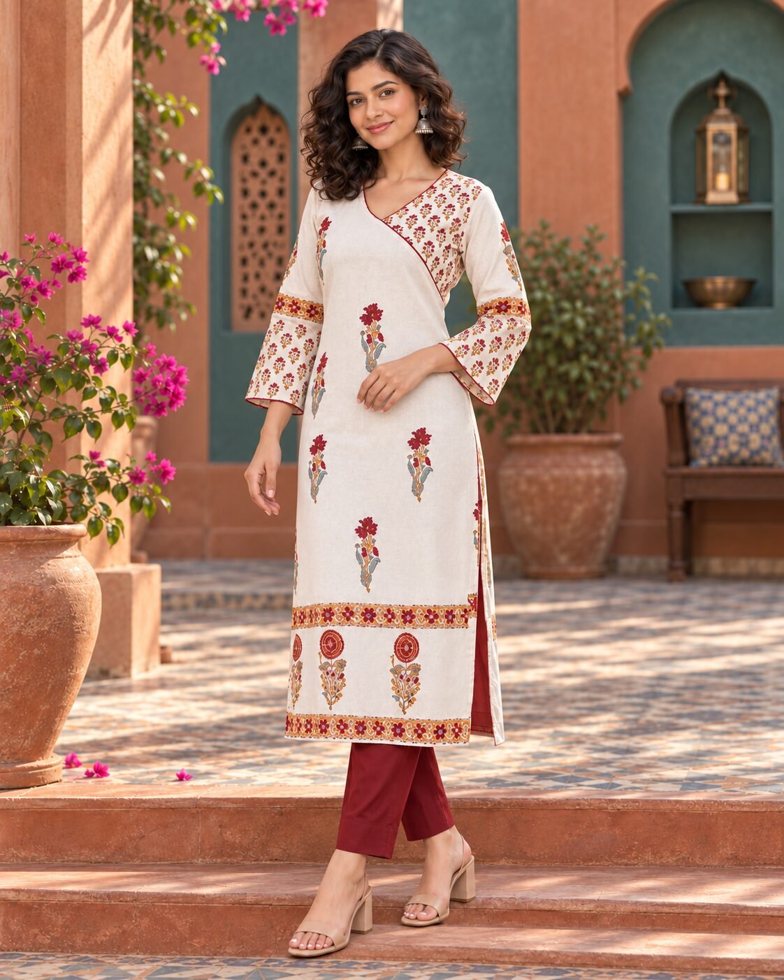 RANGRIWAZ Women Off-White Floral Printed Straight Kurta with Flared Sleeves