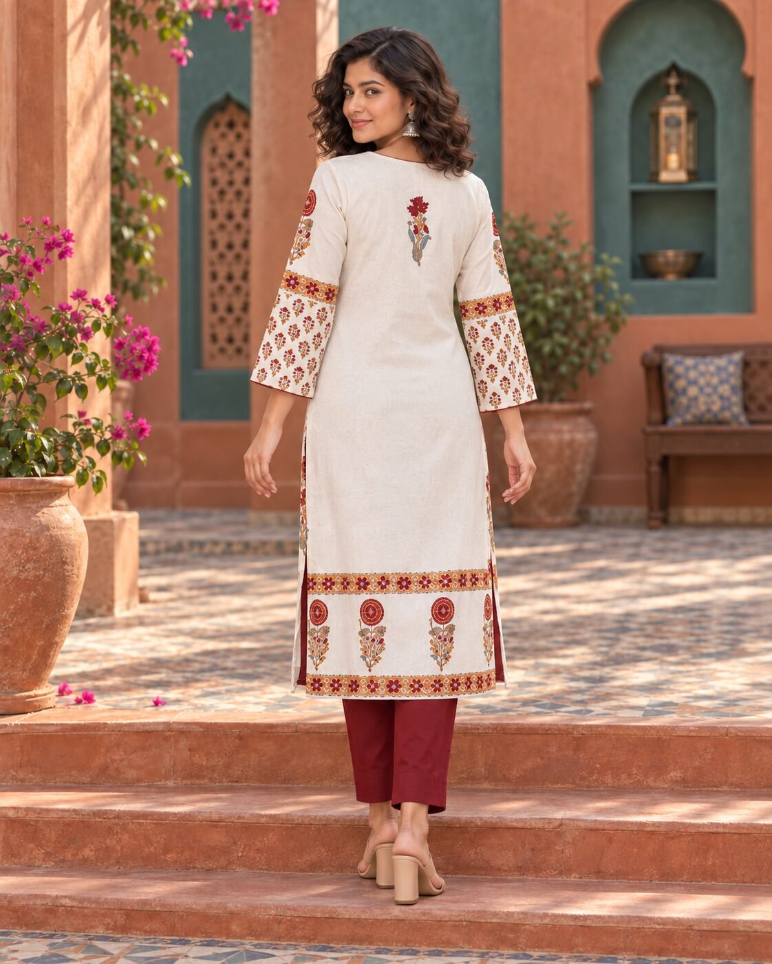 RANGRIWAZ Women Off-White Floral Printed Straight Kurta with Flared Sleeves - Image 3