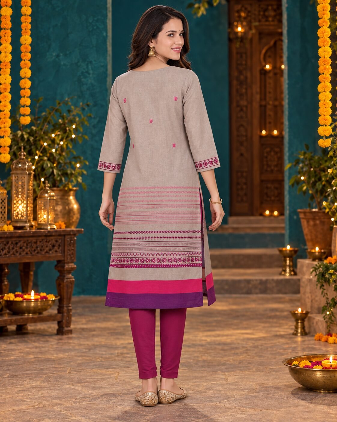 RANGRIWAZ Women Taupe Grey Printed A-Line Kurta with Contrast Border & Button Detail - Image 3