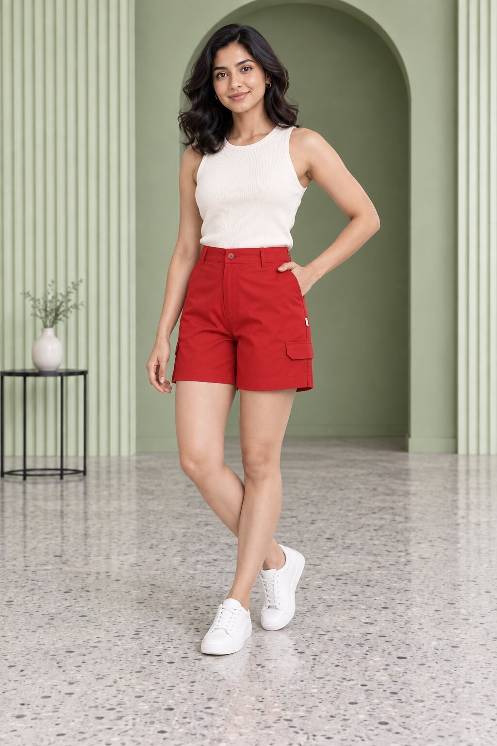 RANGRIWAZ Women Red High-Rise Cargo Shorts with Utility Pockets - Image 4