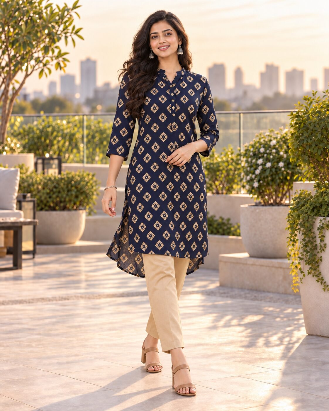 RANGRIWAZ Women Navy Blue Geometric Printed High-Low Straight Kurta - Image 4