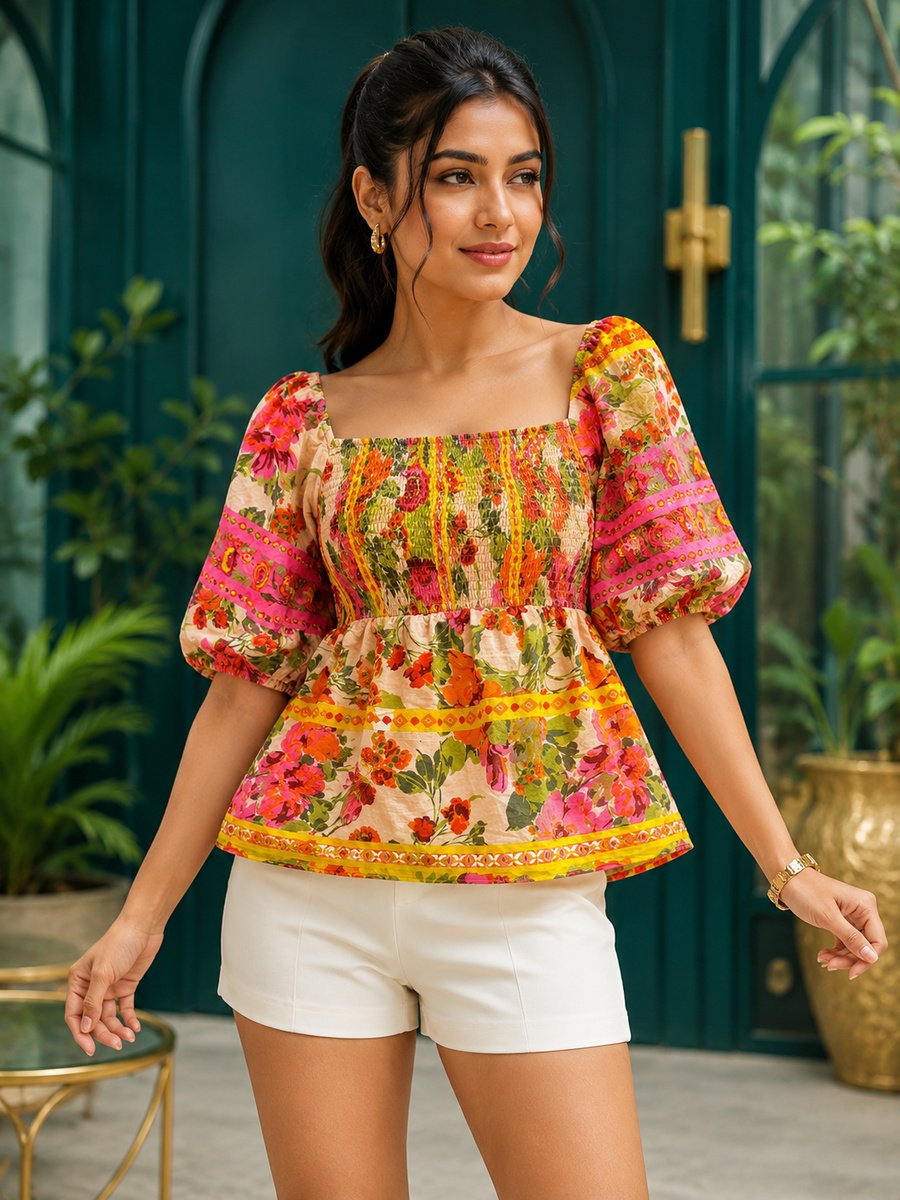 RANGRIWAZ Women Multicolour Floral Printed Smocked Square-Neck Peplum Top