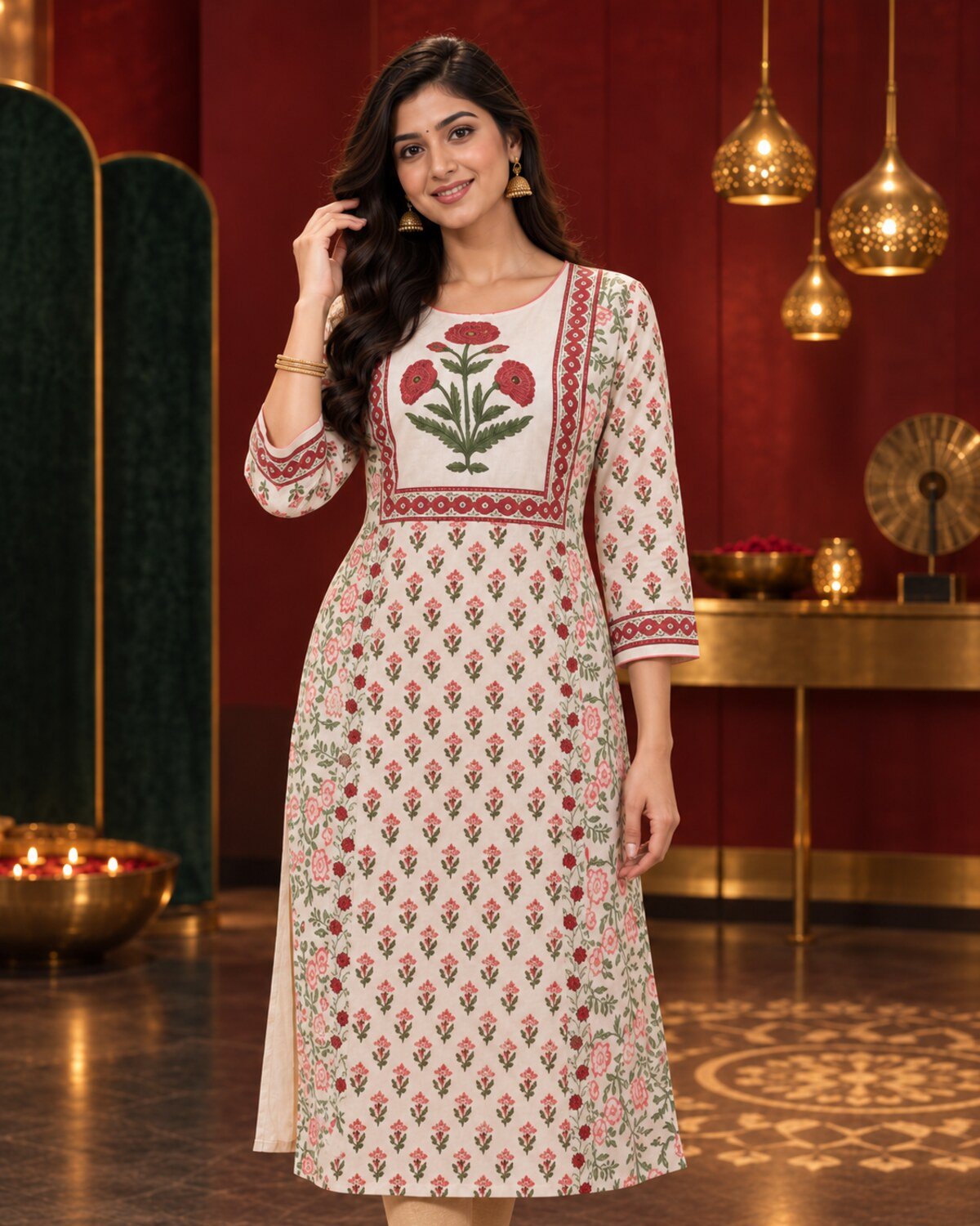 RANGRIWAZ Women Ivory Floral Printed A-Line Kurta with Statement Yoke - Image 5
