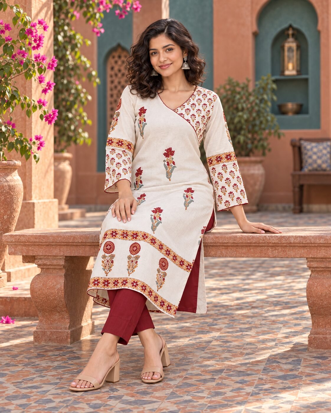 RANGRIWAZ Women Off-White Floral Printed Straight Kurta with Flared Sleeves - Image 4