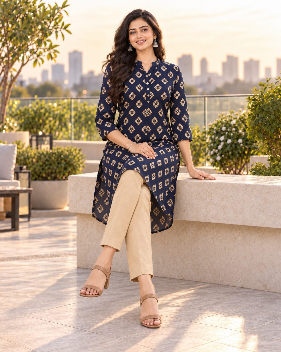 RANGRIWAZ Women Navy Blue Geometric Printed High-Low Straight Kurta - Image 5