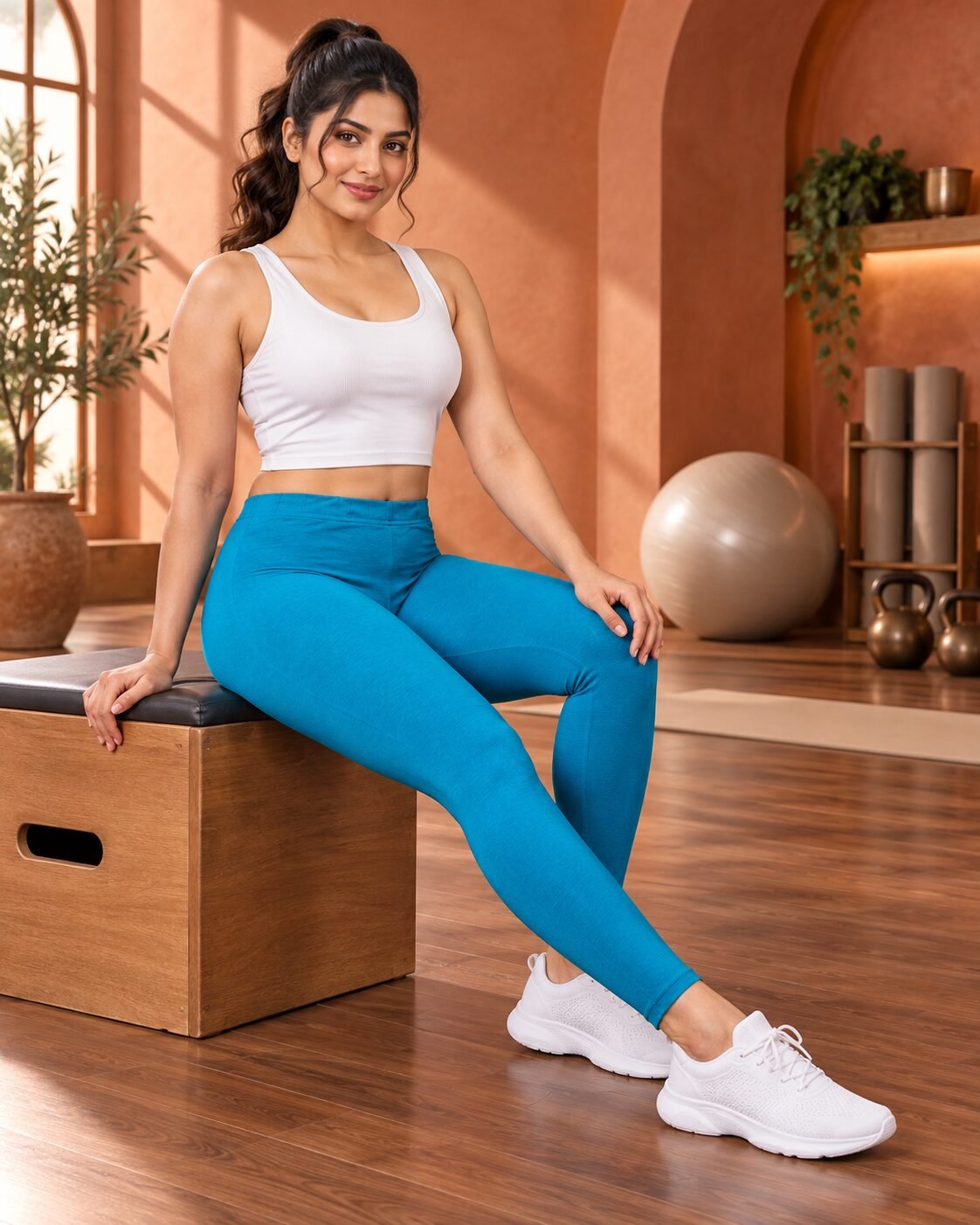 RANGRIWAZ Women Teal Blue Solid High-Rise Ankle-Length Knitted Leggings - Image 5