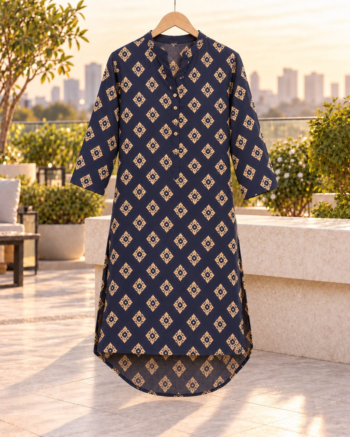 RANGRIWAZ Women Navy Blue Geometric Printed High-Low Straight Kurta - Image 6