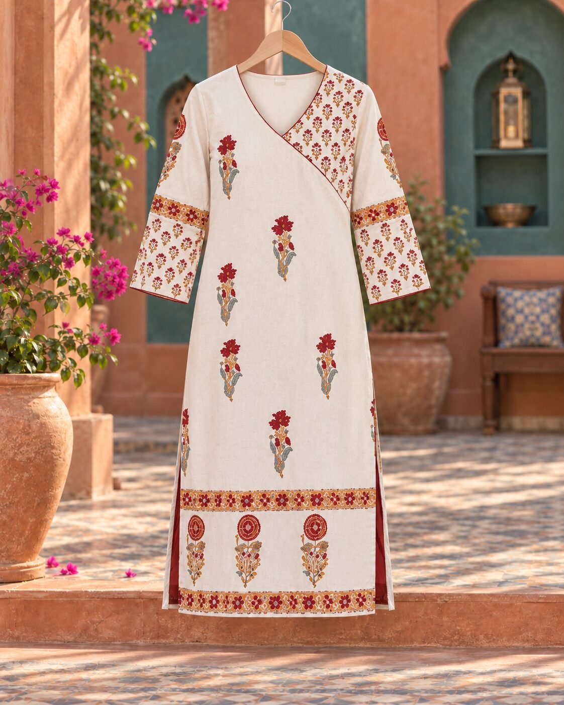 RANGRIWAZ Women Off-White Floral Printed Straight Kurta with Flared Sleeves - Image 5
