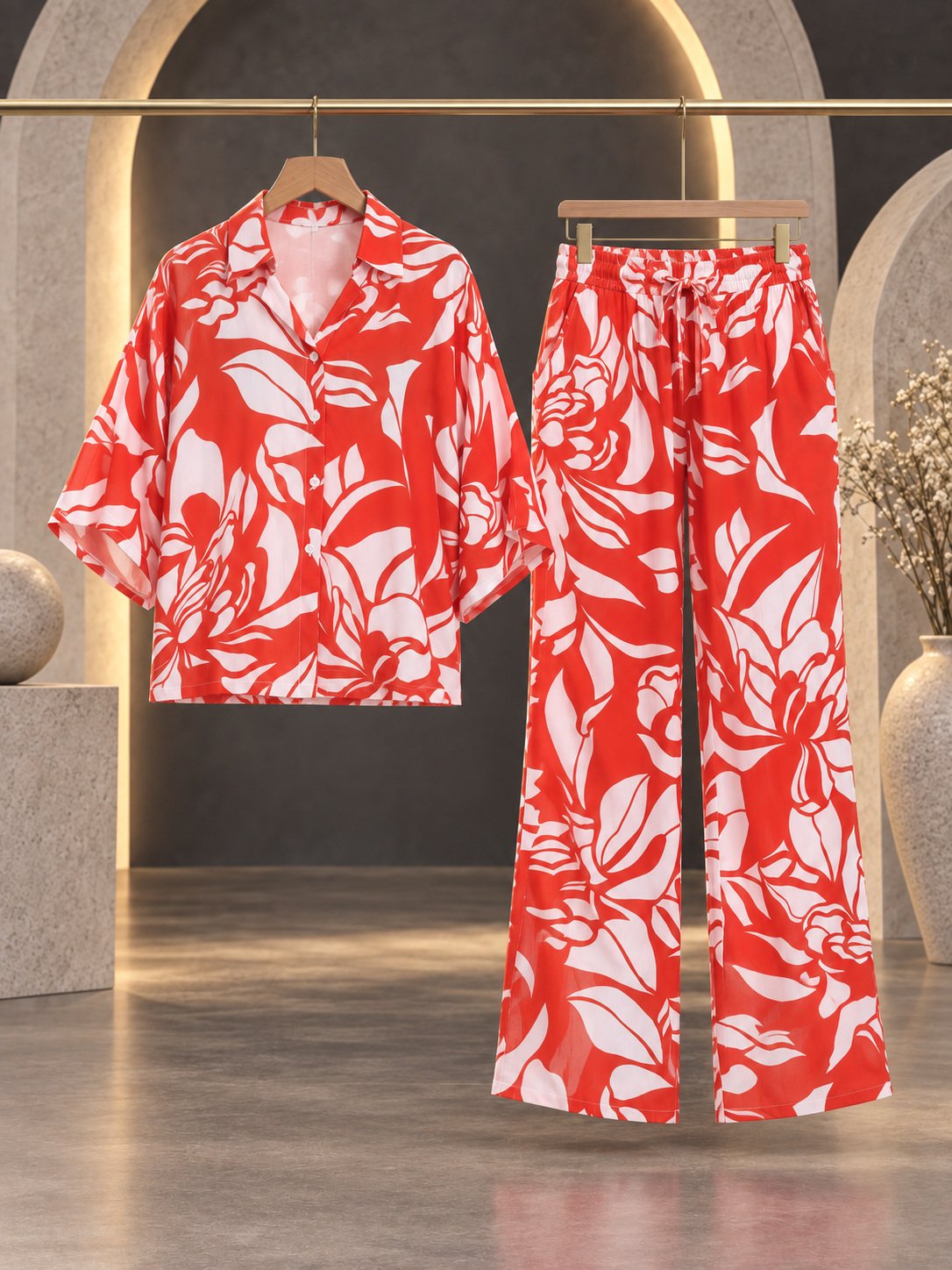 RANGRIWAZ Women Coral Red & White Floral Printed Rayon Co-ord Set - Image 6