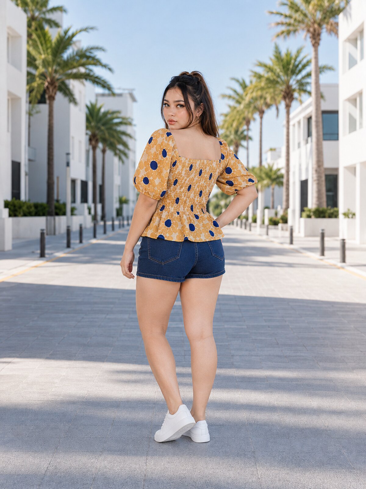 RANGRIWAZ Women Mustard & Navy Abstract Printed Smocked Square-Neck Peplum Top - Image 2