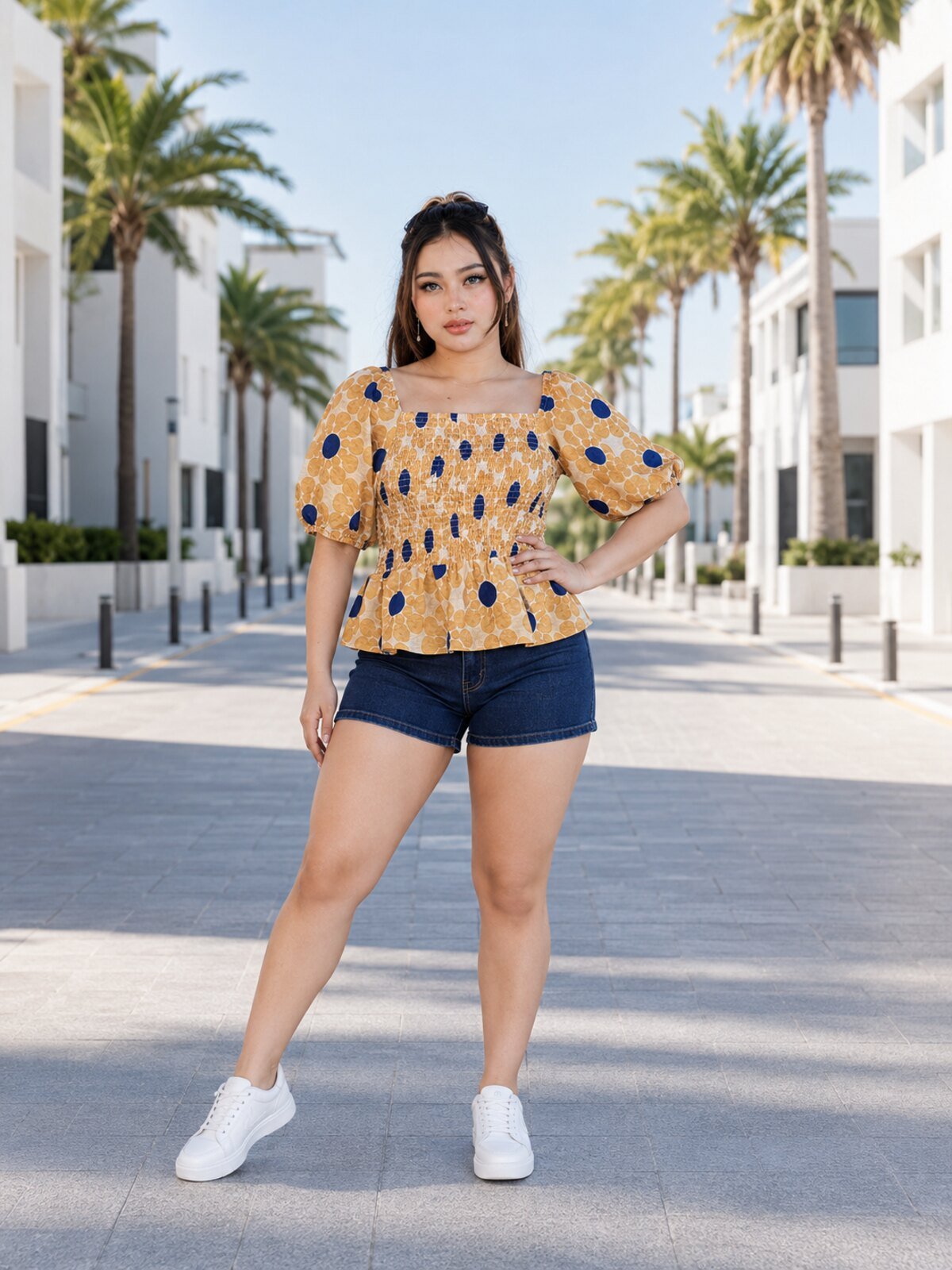 RANGRIWAZ Women Mustard & Navy Abstract Printed Smocked Square-Neck Peplum Top