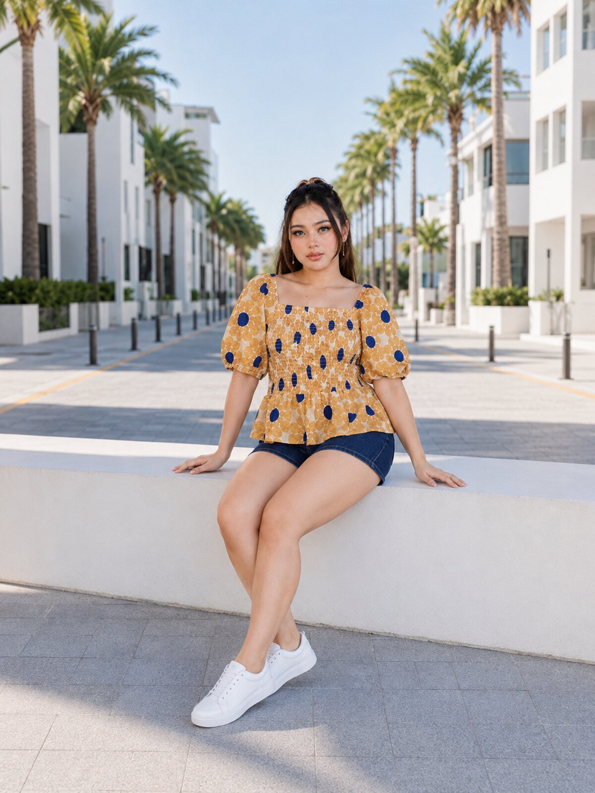 RANGRIWAZ Women Mustard & Navy Abstract Printed Smocked Square-Neck Peplum Top - Image 3