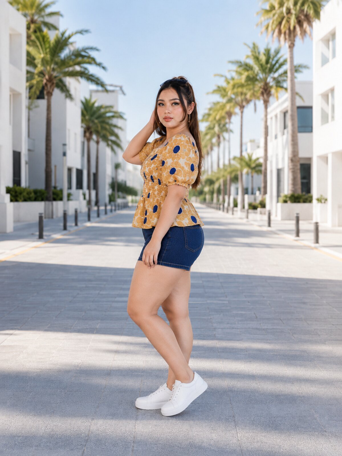 RANGRIWAZ Women Mustard & Navy Abstract Printed Smocked Square-Neck Peplum Top - Image 4