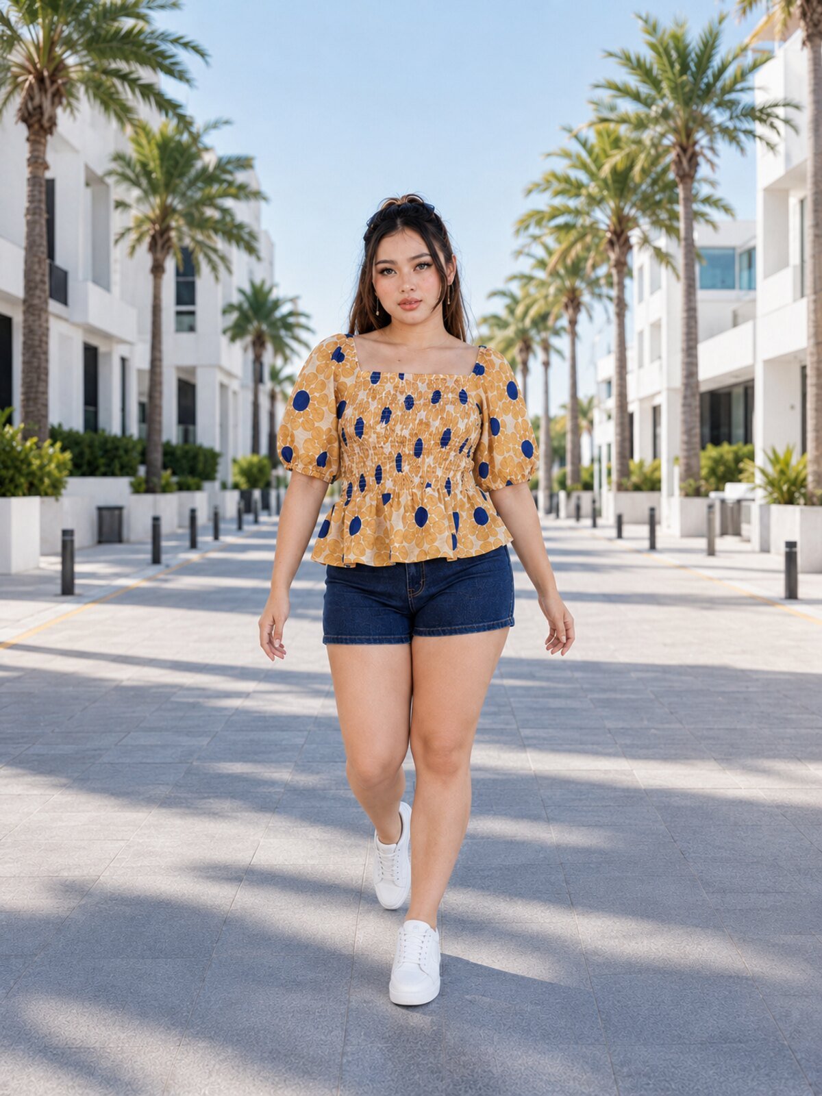 RANGRIWAZ Women Mustard & Navy Abstract Printed Smocked Square-Neck Peplum Top - Image 5