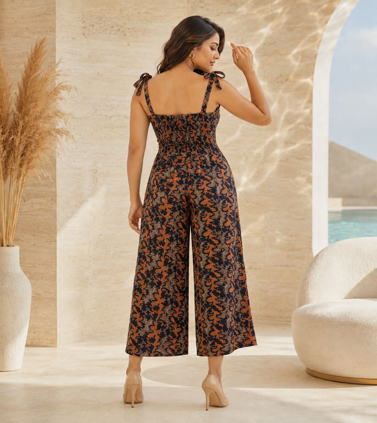 RANGRIWAZ Women Navy Blue & Rust Printed Tie-Shoulder Wide-Leg Jumpsuit - Image 5