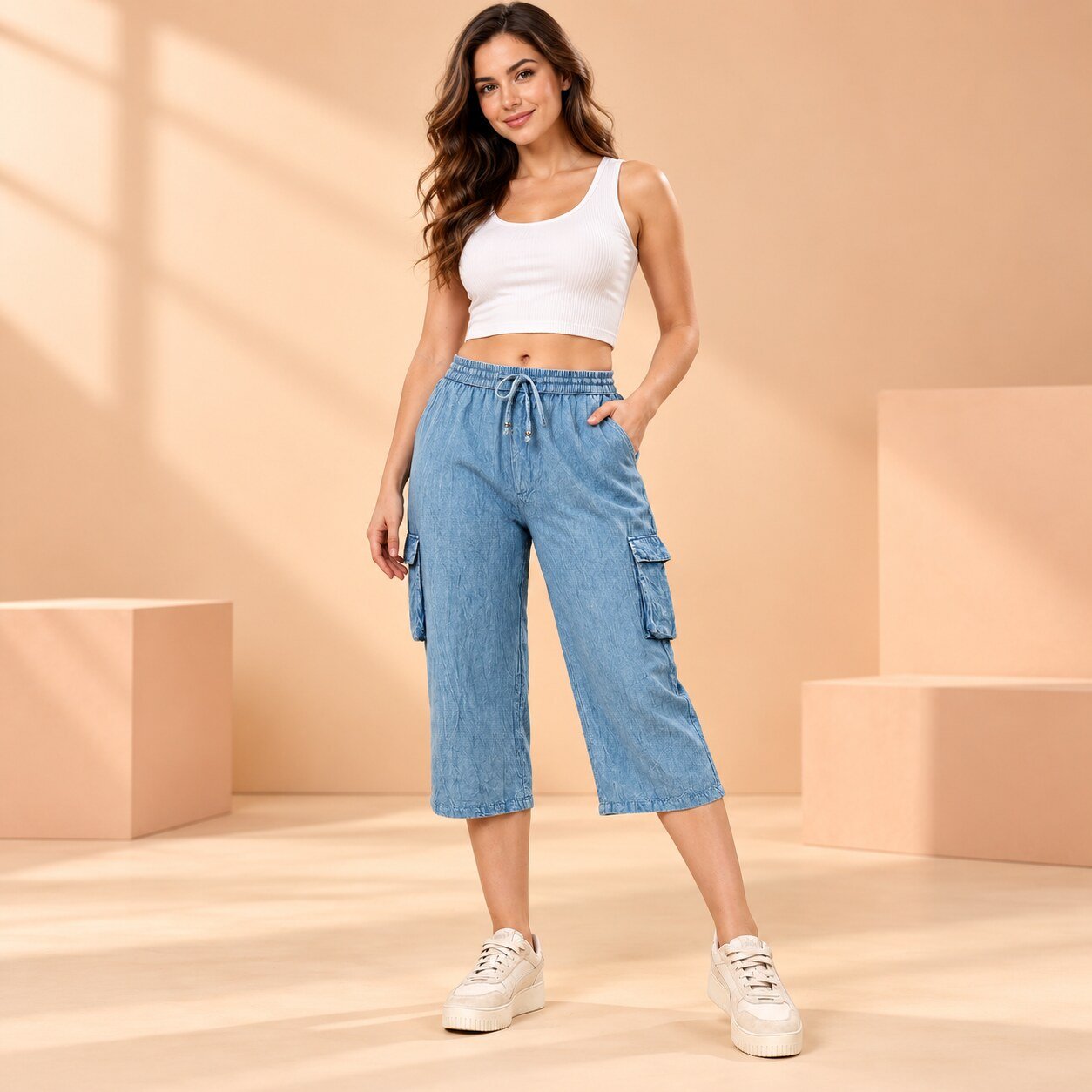 RANGRIWAZ Women Light Blue Denim-Look Cargo Capri Pants with Drawstring Waist - Image 4