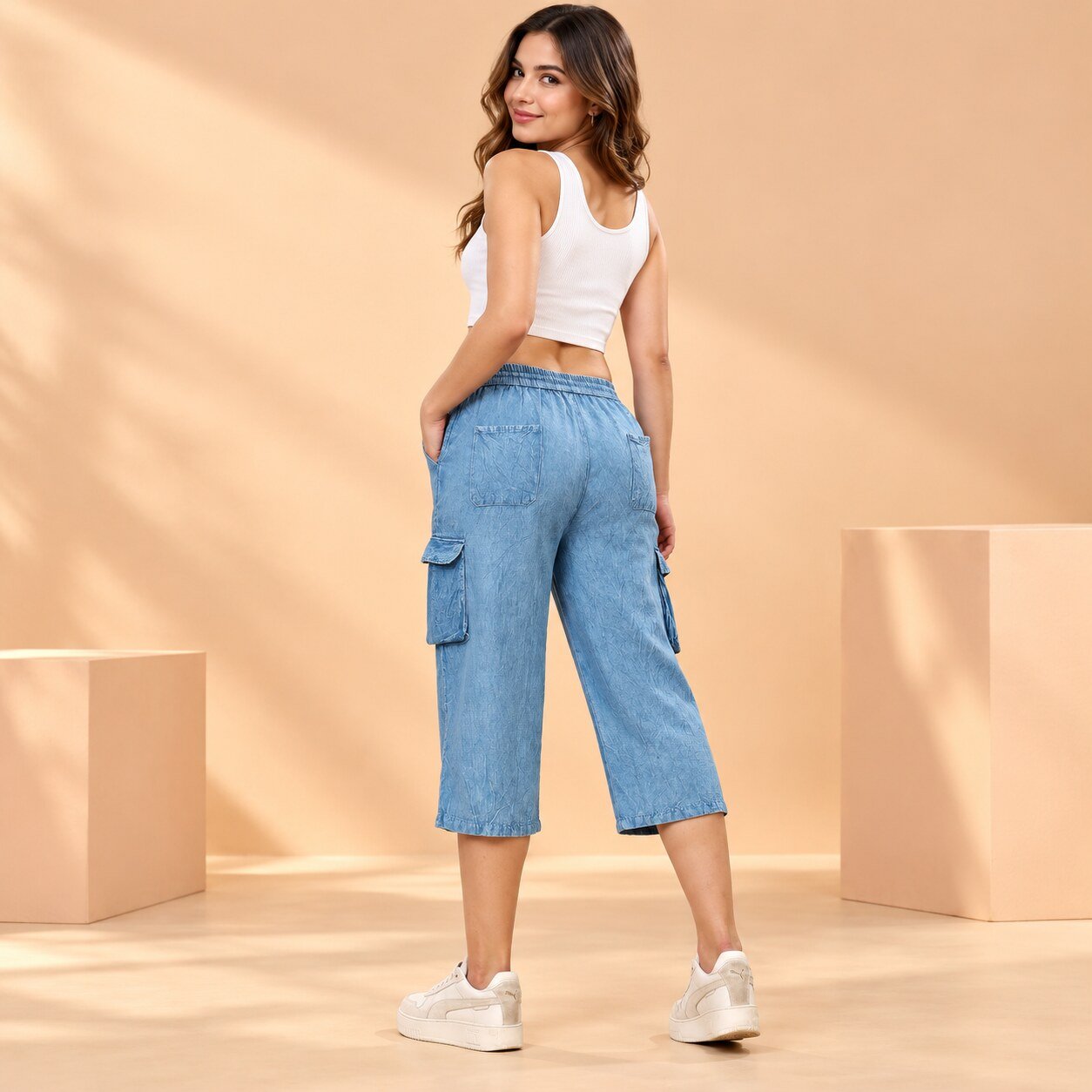 RANGRIWAZ Women Light Blue Denim-Look Cargo Capri Pants with Drawstring Waist - Image 3