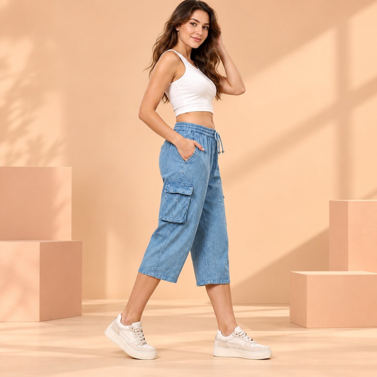RANGRIWAZ Women Light Blue Denim-Look Cargo Capri Pants with Drawstring Waist - Image 5