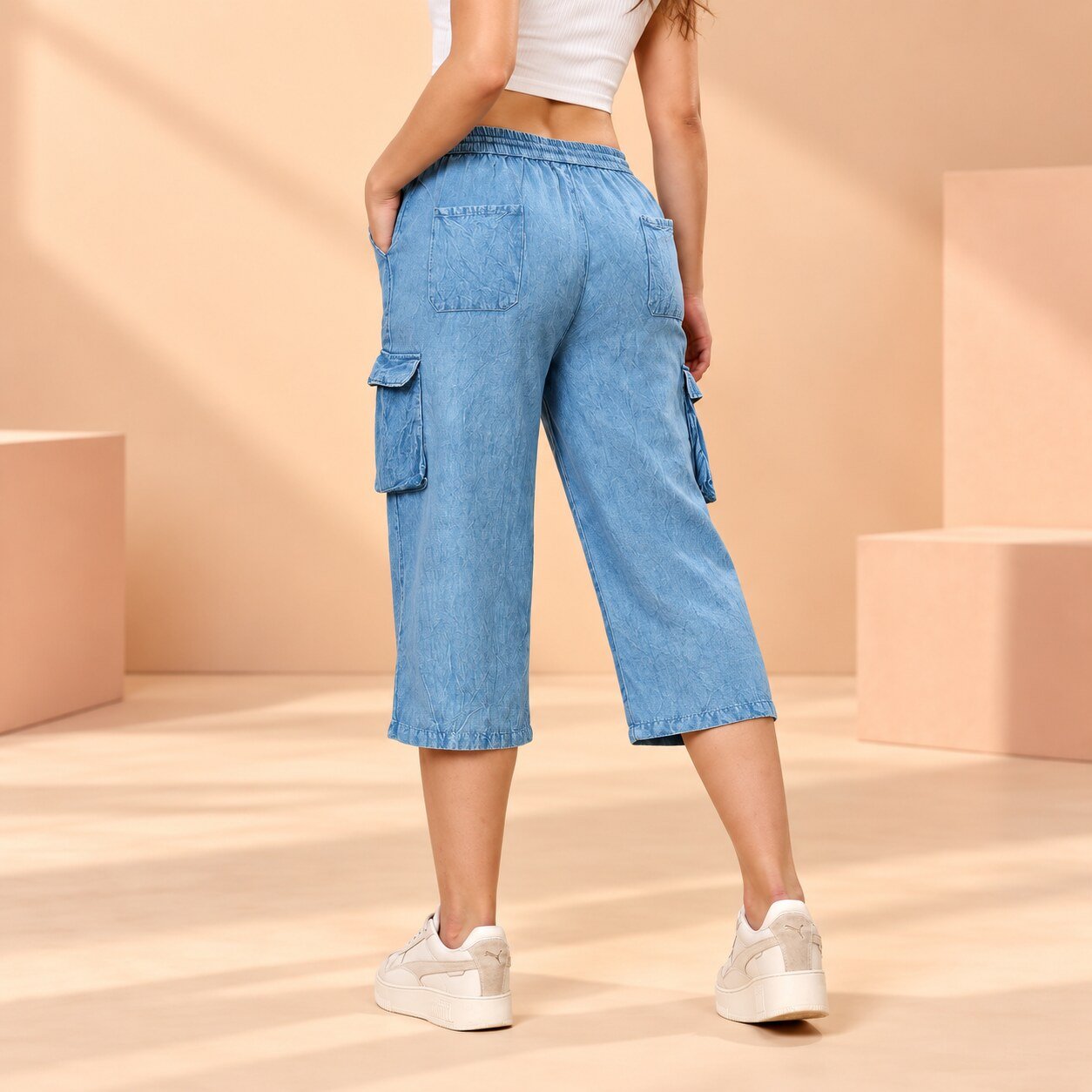 RANGRIWAZ Women Light Blue Denim-Look Cargo Capri Pants with Drawstring Waist - Image 6