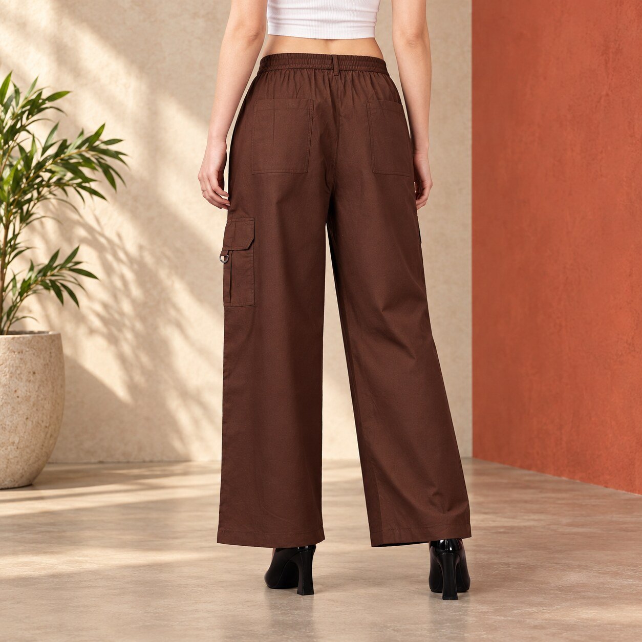 RANGRIWAZ Women Brown Wide-Leg Cargo Trousers with Utility Pockets - Image 4