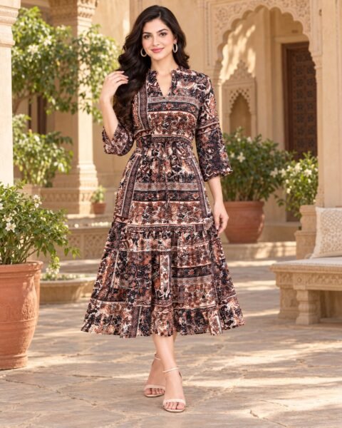 RANGRIWAZ Women Multicolour Ethnic Printed Tiered Fit & Flare Midi Dress