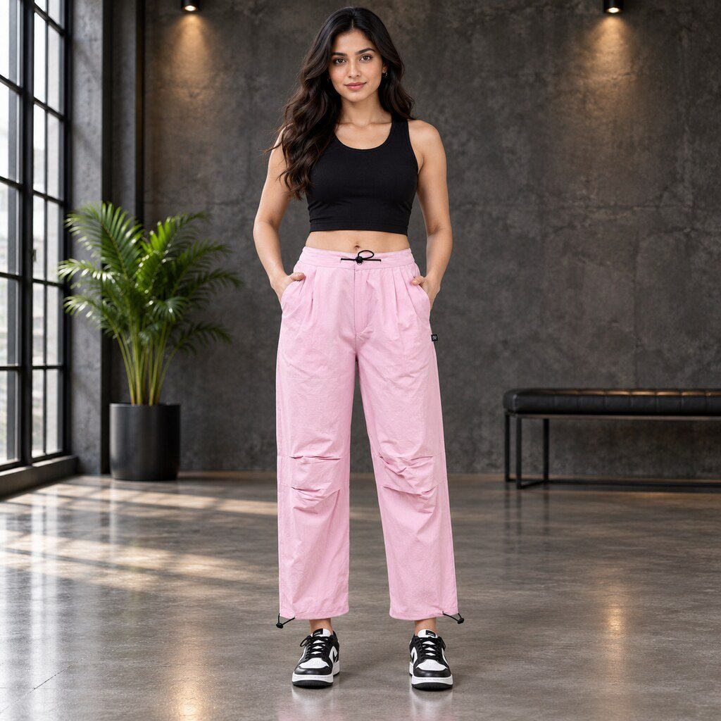 RANGRIWAZ Women Light Pink Wide-Leg Utility Cargo Trousers with Drawcord Details - Image 2