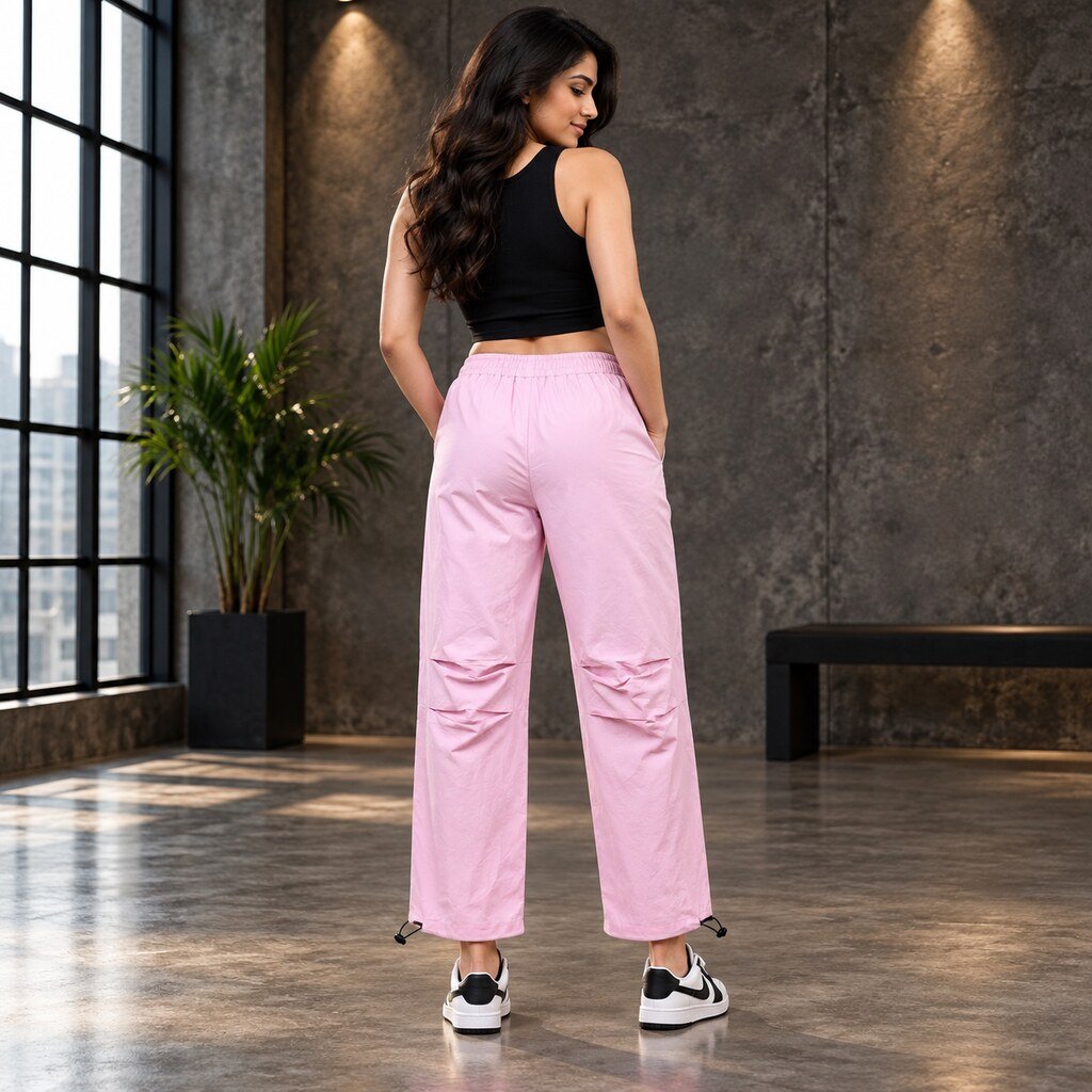 RANGRIWAZ Women Light Pink Wide-Leg Utility Cargo Trousers with Drawcord Details - Image 5