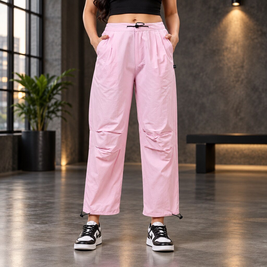RANGRIWAZ Women Light Pink Wide-Leg Utility Cargo Trousers with Drawcord Details