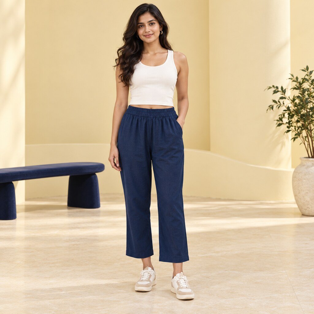 RANGRIWAZ Women Navy Blue Rayon Crepe Relaxed-Fit Ankle-Length Trousers - Image 2