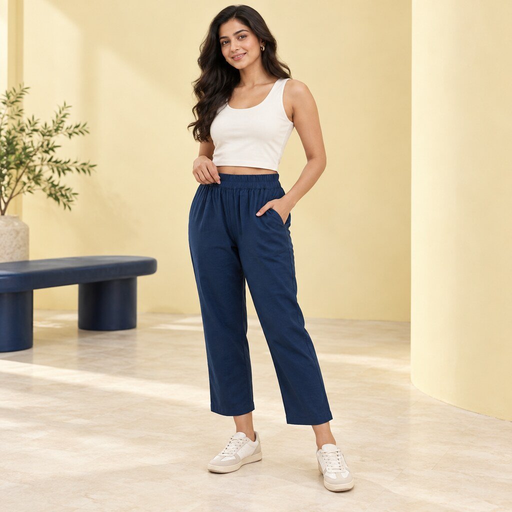 RANGRIWAZ Women Navy Blue Rayon Crepe Relaxed-Fit Ankle-Length Trousers - Image 3