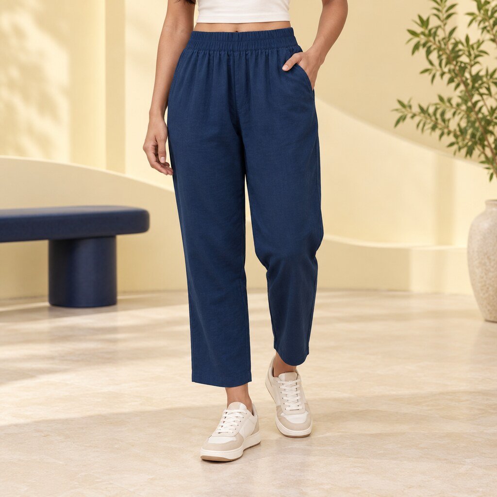 RANGRIWAZ Women Navy Blue Rayon Crepe Relaxed-Fit Ankle-Length Trousers