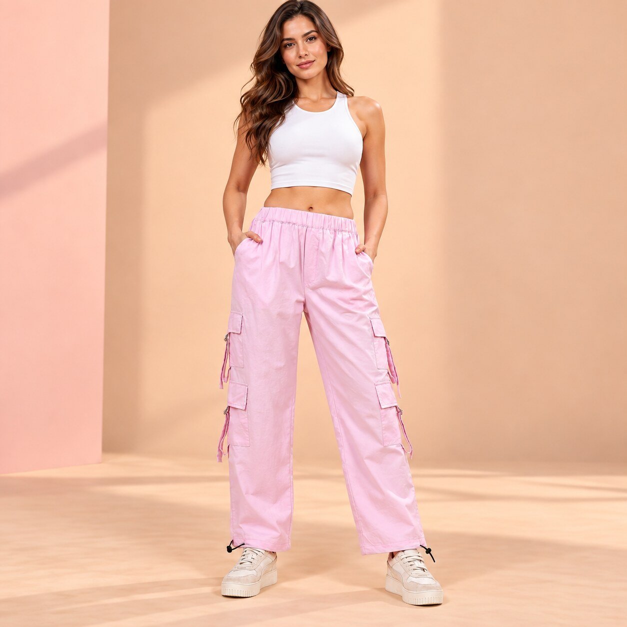 RANGRIWAZ Women Pastel Pink Multi-Pocket Wide-Leg Cargo Trousers - Image 4