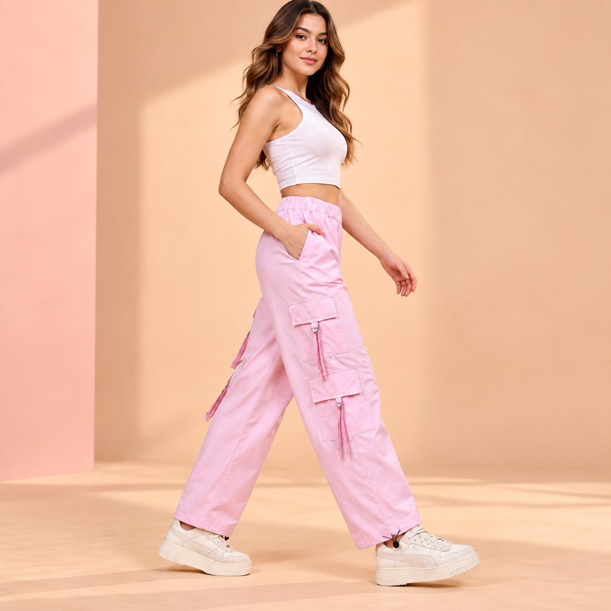 RANGRIWAZ Women Pastel Pink Multi-Pocket Wide-Leg Cargo Trousers - Image 5