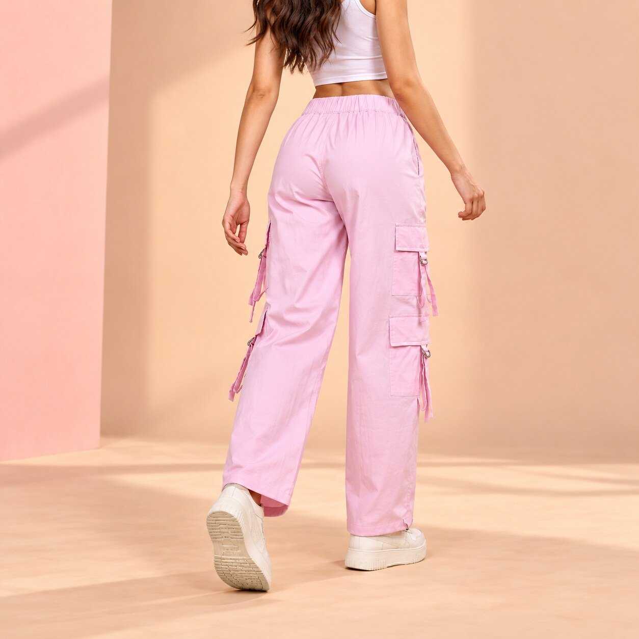 RANGRIWAZ Women Pastel Pink Multi-Pocket Wide-Leg Cargo Trousers - Image 3