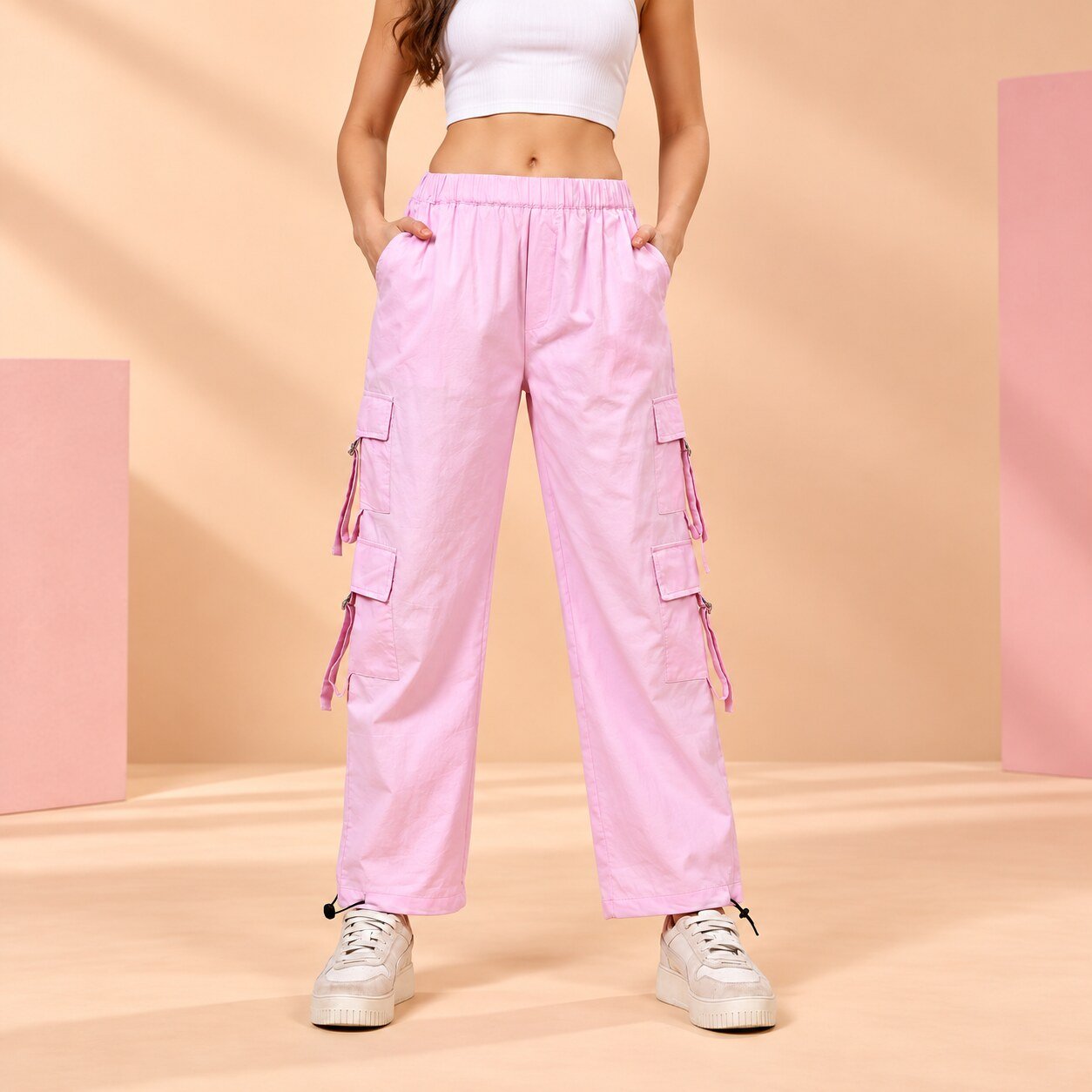 RANGRIWAZ Women Pastel Pink Multi-Pocket Wide-Leg Cargo Trousers
