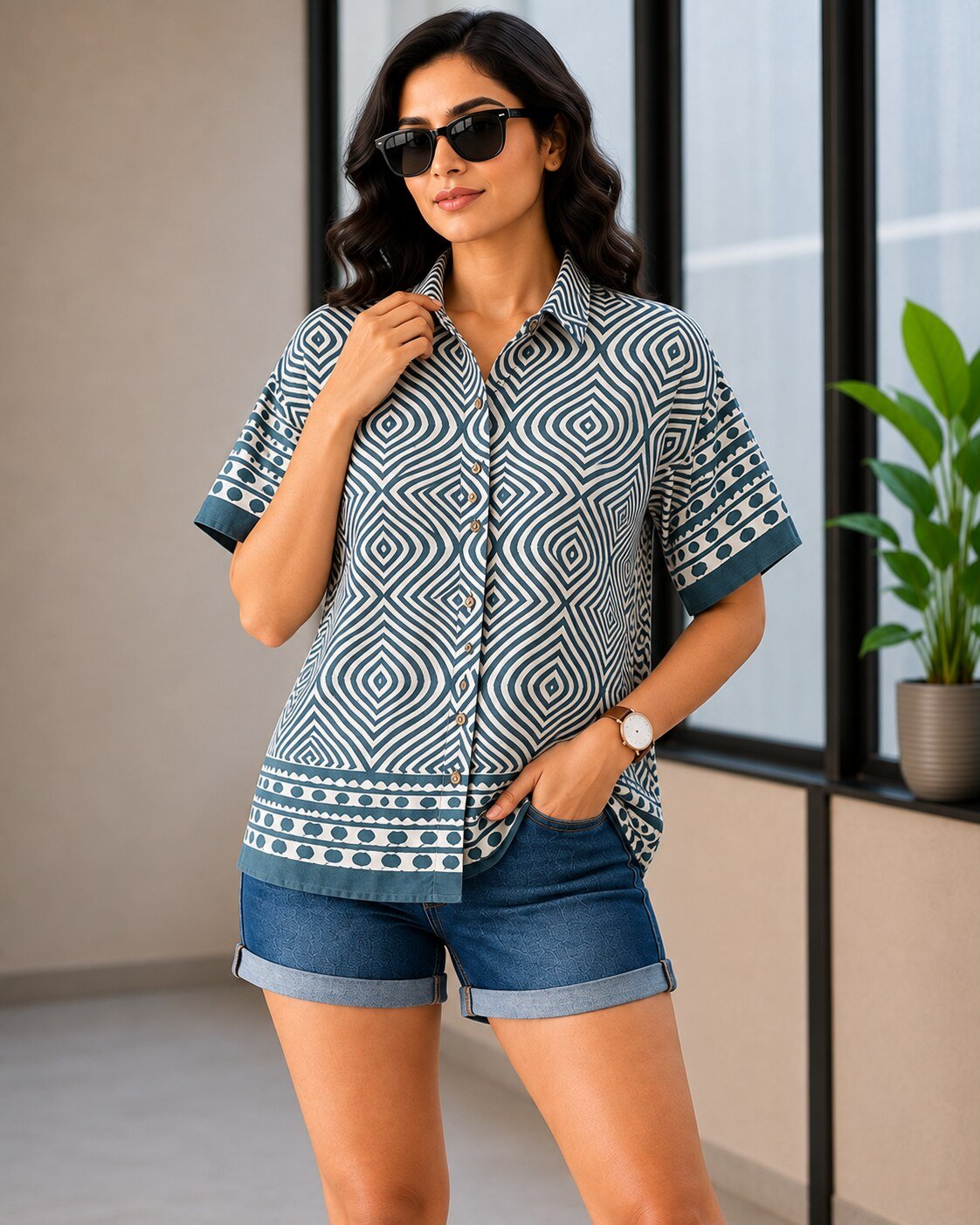 RANGRIWAZ Women Navy Blue & White Geometric Printed Tunic