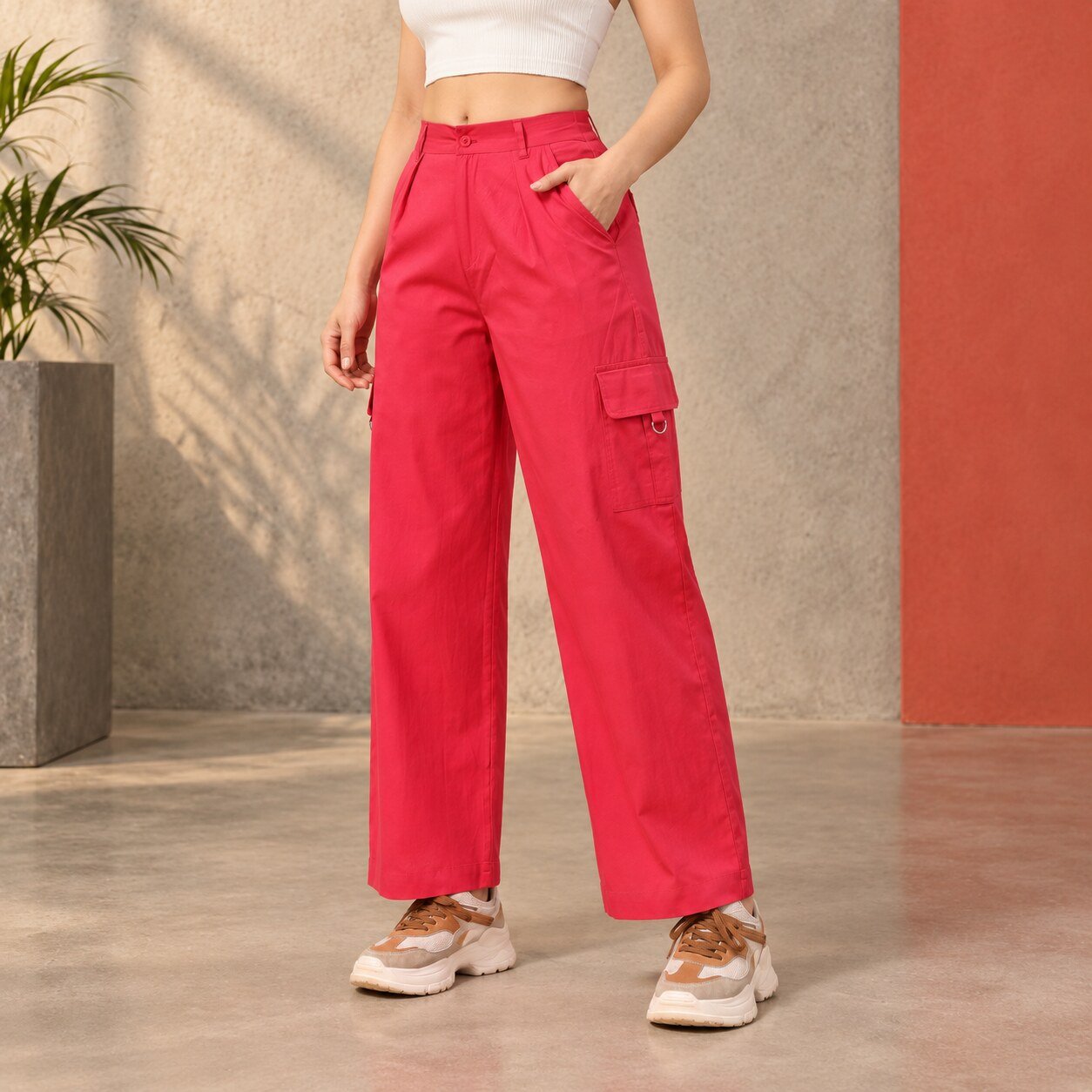 RANGRIWAZ Women Bright Pink Red Wide-Leg Cargo Pants with Utility Pockets - Image 4
