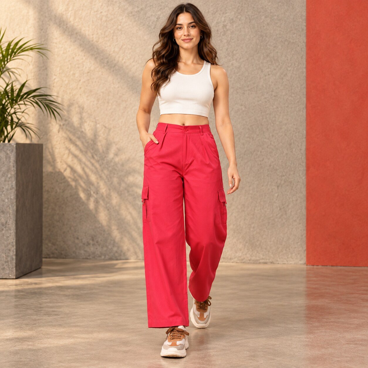RANGRIWAZ Women Bright Pink Red Wide-Leg Cargo Pants with Utility Pockets - Image 5